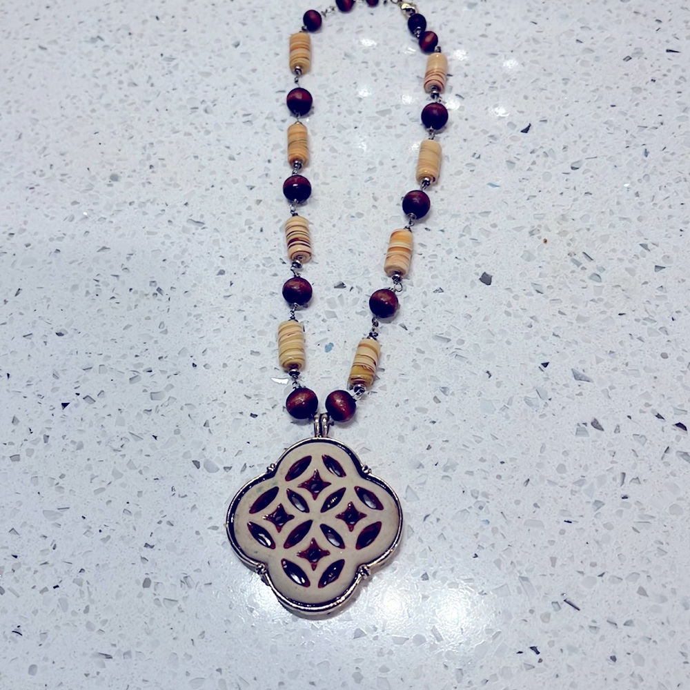 Vintage earth tone/ beaded necklace/with medallion